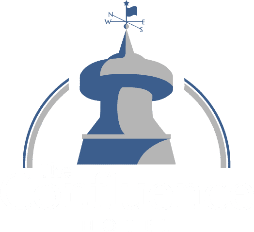 The Confluence Hotel - Logo - Blue and gray finial - Lettering in white
